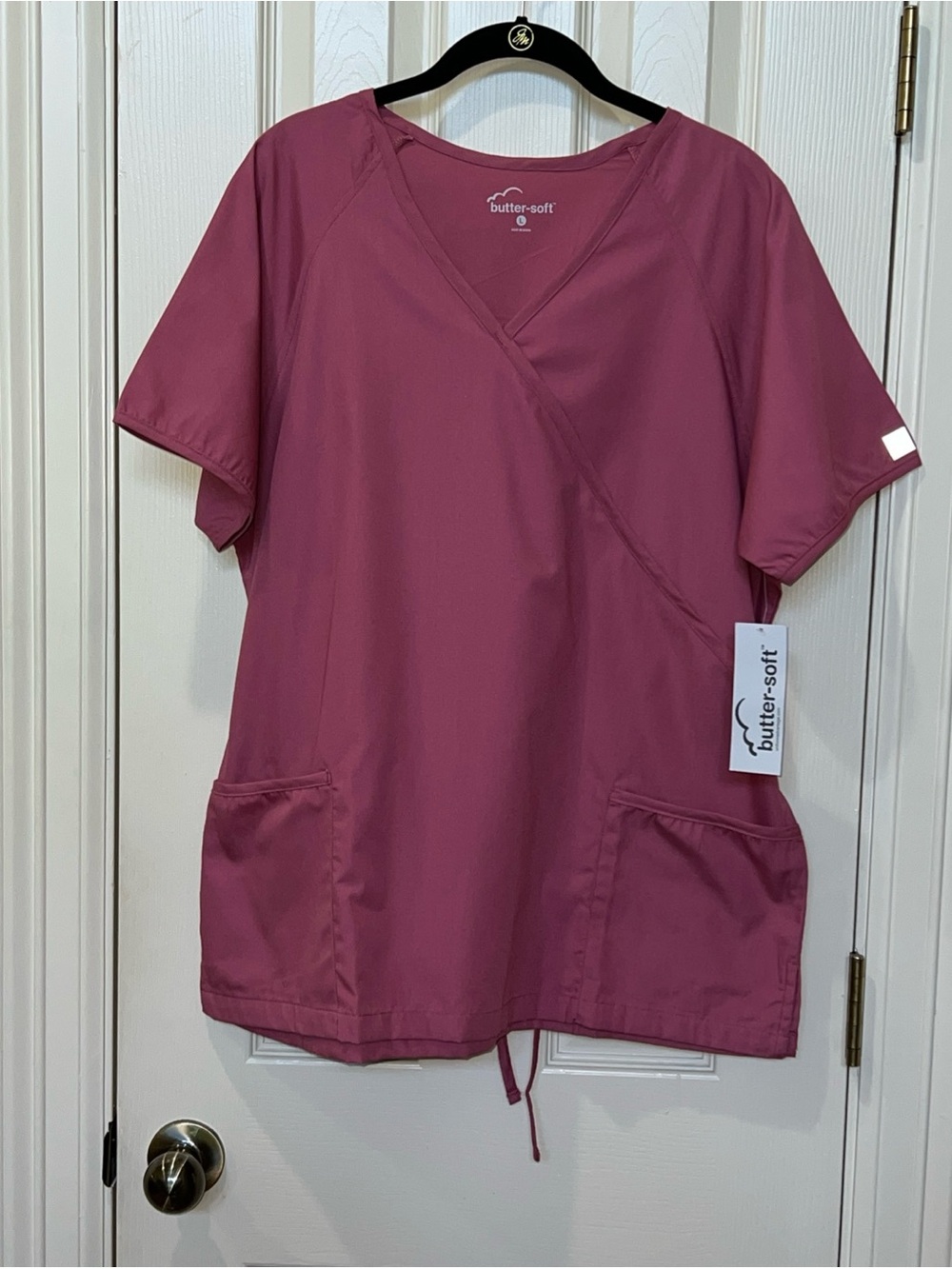 Butter-Soft Women Mauve V-Neck Pullover Short Sleeve Tieback Pockets Scrubs Sz L